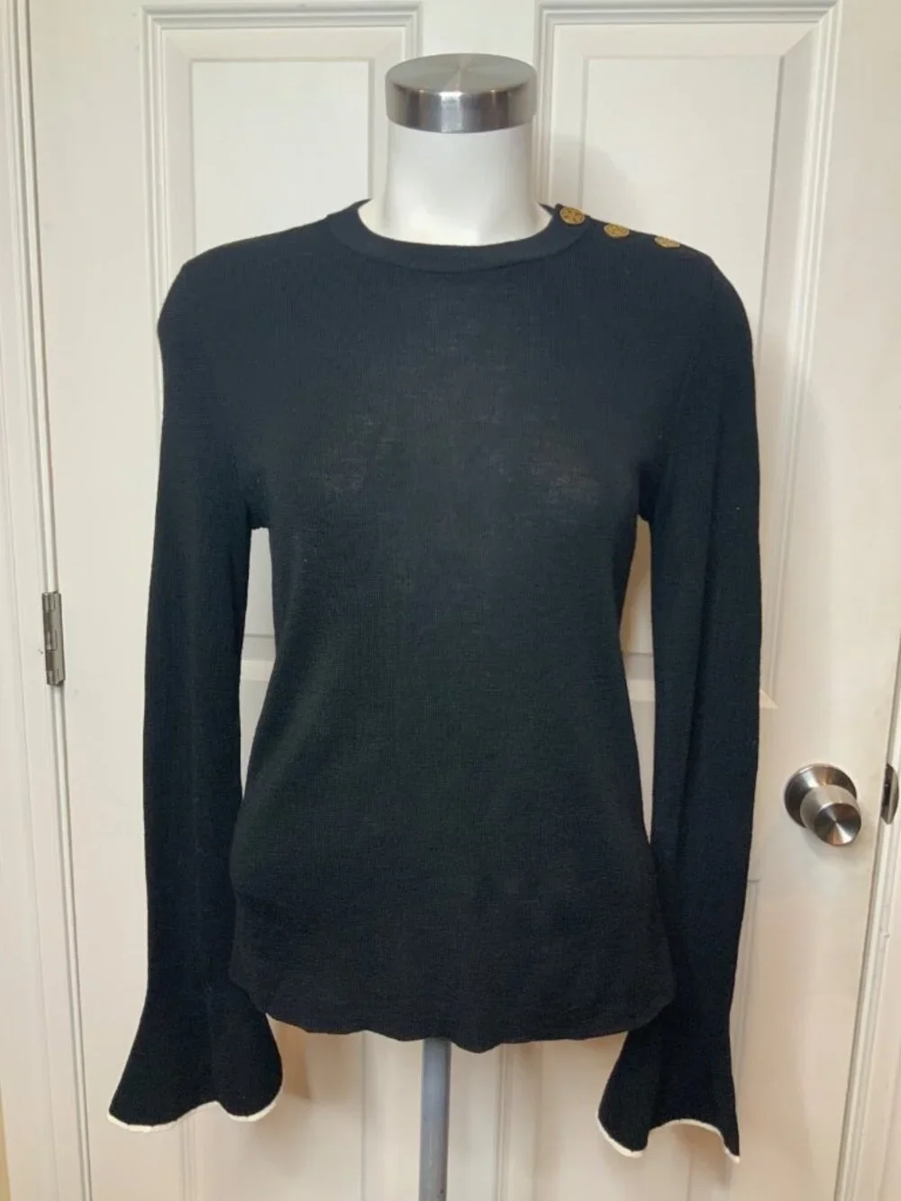 Tory Burch Black Merino Wool Flare Sleeve Shoulder Button Sweater, Size S